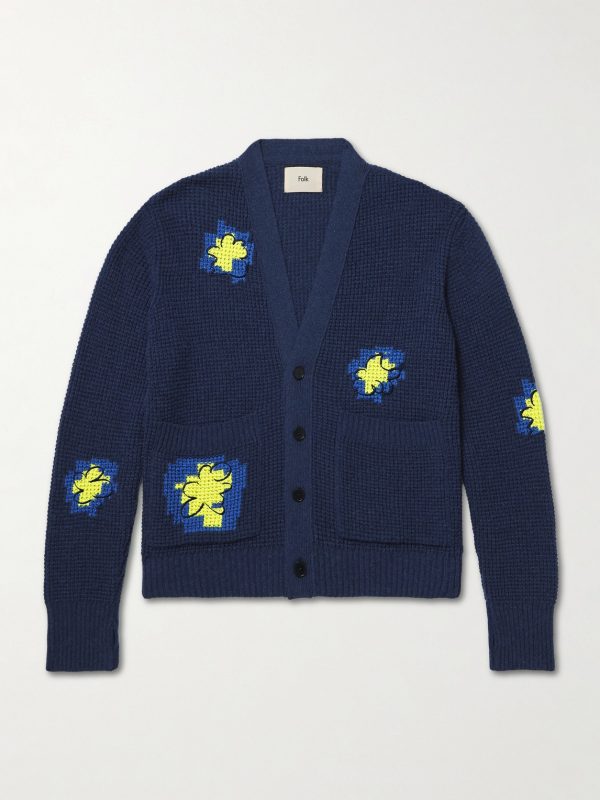 Embroidered Waffle-Knit Cardigan