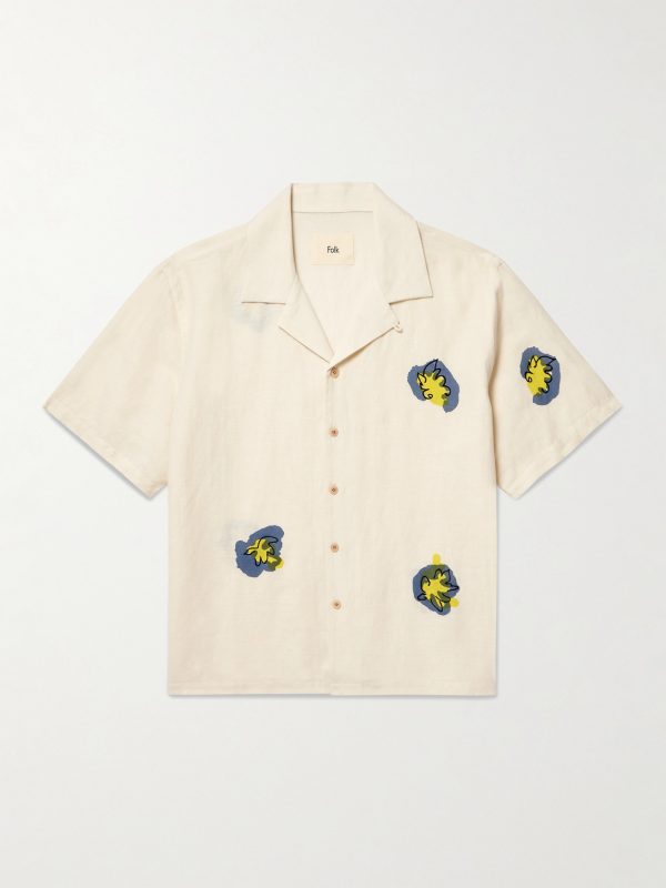 Camp-Collar Printed Embroidered Linen and Cotton-Blend Shirt Camp-Collar Printed Embroidered Linen and Cotton-Blend Shirt