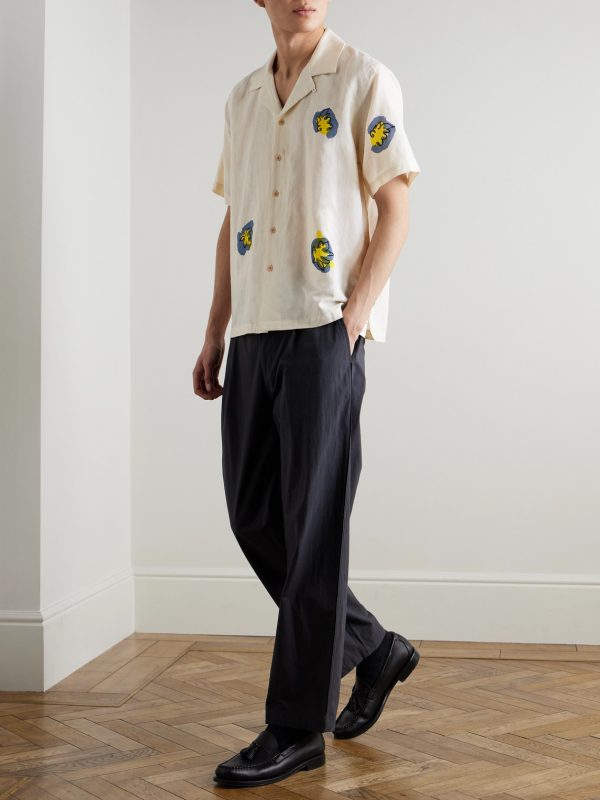 Camp-Collar Printed Embroidered Linen and Cotton-Blend Shirt - OU Camp-Collar Printed Embroidered Linen and Cotton-Blend Shirt - OU