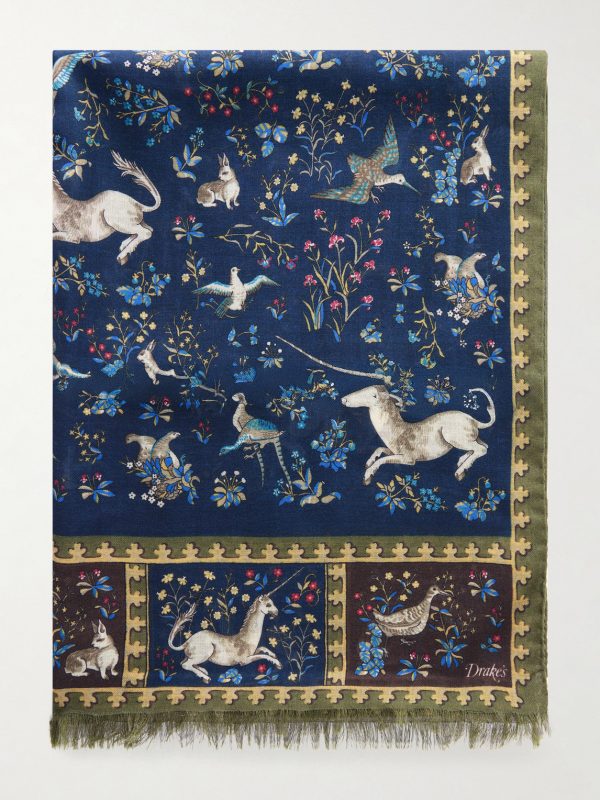 Fringed Printed Wool and Silk-Blend Scarf Fringed Printed Wool and Silk-Blend Scarf
