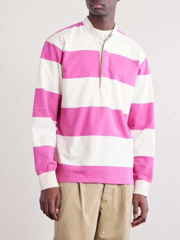 Grandad-Collar Striped Cotton-Jersey Half-Placket Shirt - FR