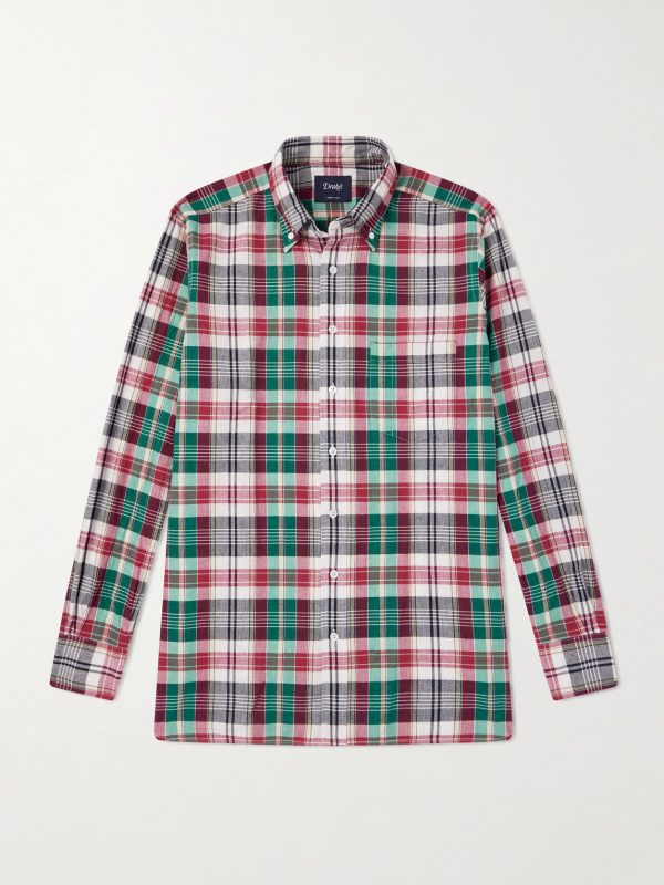 Button-Down Collar Checked Cotton Shirt