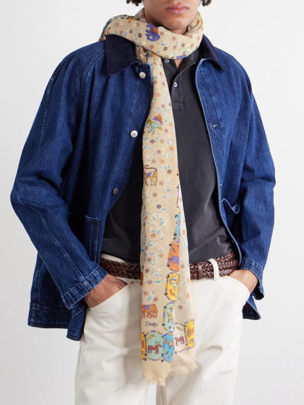Frayed Printed Wool and Silk-Blend Scarf - FR Frayed Printed Wool and Silk-Blend Scarf - FR