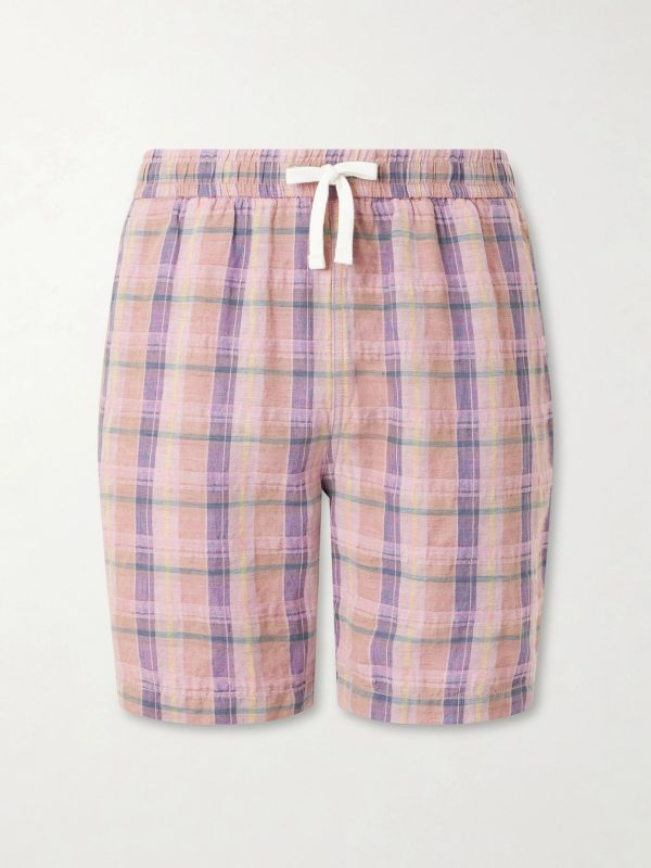 Straight-Leg Checked Linen And Cotton-Blend Drawstring Shorts Straight-Leg Checked Linen And Cotton-Blend Drawstring Shorts