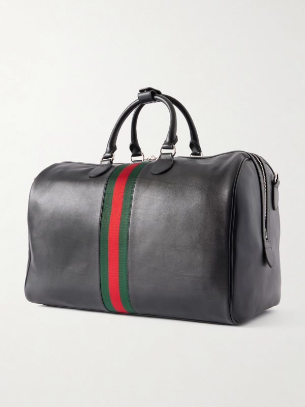 Medium Webbing-Trimmed Leather Duffle Bag - BK Medium Webbing-Trimmed Leather Duffle Bag - BK