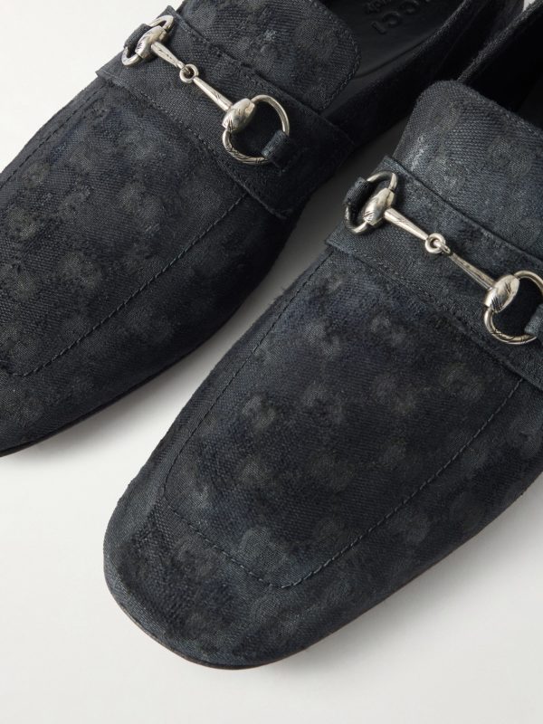 Horsebit-Embellished Distressed Monogrammed Canvas Loafers - CU Horsebit-Embellished Distressed Monogrammed Canvas Loafers - CU