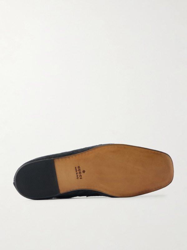 Horsebit-Embellished Distressed Monogrammed Canvas Loafers - E1 Horsebit-Embellished Distressed Monogrammed Canvas Loafers - E1