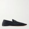 Horsebit-Embellished Distressed Monogrammed Canvas Loafers Horsebit-Embellished Distressed Monogrammed Canvas Loafers