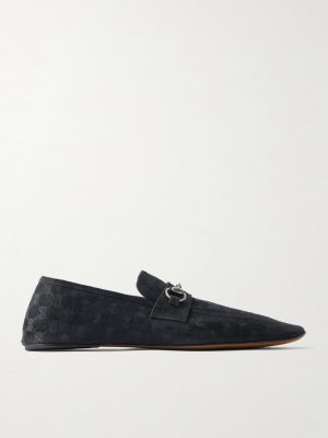 Horsebit-Embellished Distressed Monogrammed Canvas Loafers