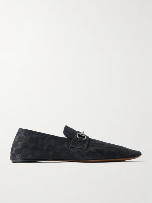 Horsebit-Embellished Distressed Monogrammed Canvas Loafers Horsebit-Embellished Distressed Monogrammed Canvas Loafers
