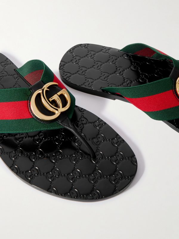 Riviera Logo-Embellished Striped Webbing-Trimmed Leather Sandals - CU Riviera Logo-Embellished Striped Webbing-Trimmed Leather Sandals - CU