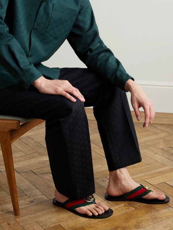 Riviera Logo-Embellished Striped Webbing-Trimmed Leather Sandals - OU Riviera Logo-Embellished Striped Webbing-Trimmed Leather Sandals - OU