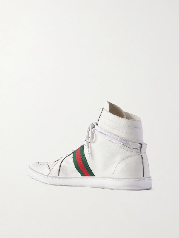 Distressed Webbing-Trimmed Leather High-Top Sneakers - BK