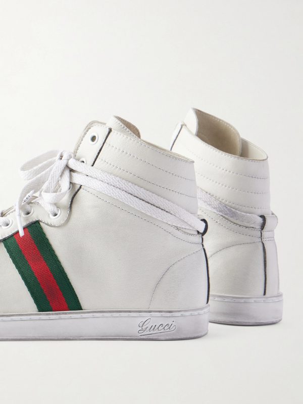 Distressed Webbing-Trimmed Leather High-Top Sneakers - CU