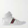 Distressed Webbing-Trimmed Leather High-Top Sneakers