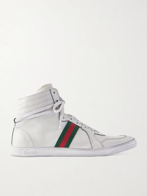 Distressed Webbing-Trimmed Leather High-Top Sneakers