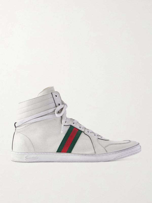 Distressed Webbing-Trimmed Leather High-Top Sneakers
