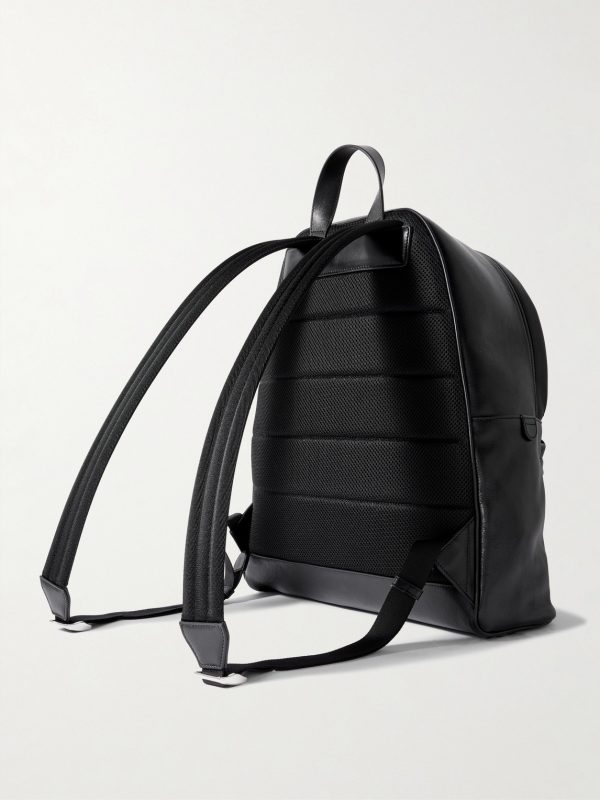 Large Striped Webbing-Trimmed Leather Backpack - BK