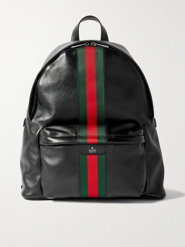 Large Striped Webbing-Trimmed Leather Backpack