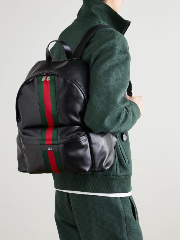 Large Striped Webbing-Trimmed Leather Backpack - OU