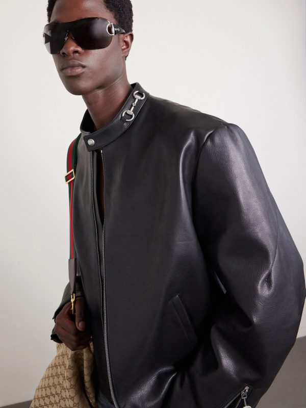 Horsebit-Embellished Leather Bomber Jacket - E1 Horsebit-Embellished Leather Bomber Jacket - E1