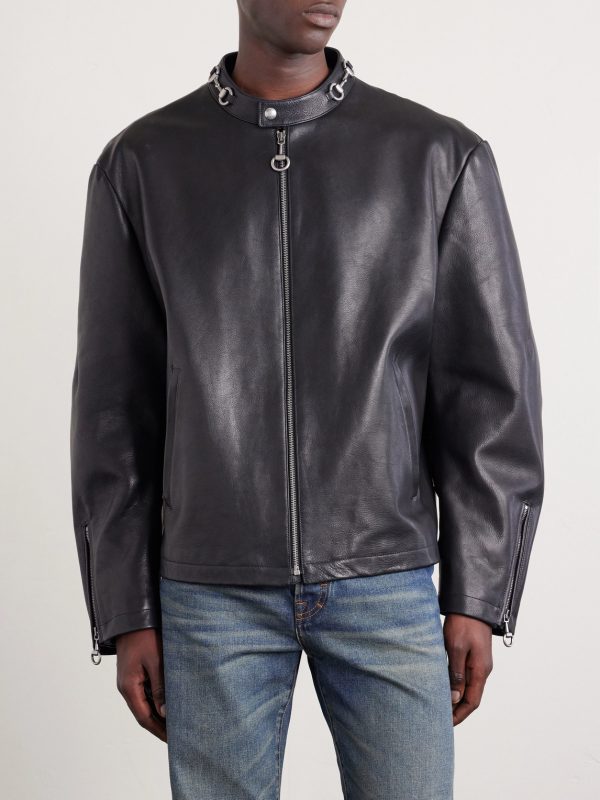 Horsebit-Embellished Leather Bomber Jacket - FR Horsebit-Embellished Leather Bomber Jacket - FR