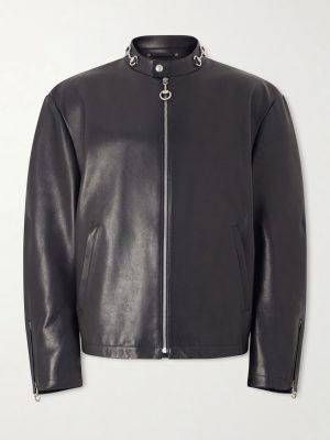 Horsebit-Embellished Leather Bomber Jacket