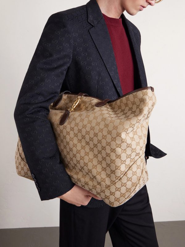 Jackie Large Leather-Trimmed Monogrammed Canvas Tote Bag - E2