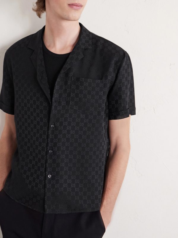 Slim-Fit Camp-Collar Logo-Jacquard Silk Shirt - CU Slim-Fit Camp-Collar Logo-Jacquard Silk Shirt - CU