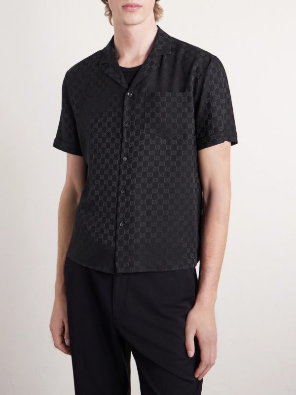Slim-Fit Camp-Collar Logo-Jacquard Silk Shirt - FR Slim-Fit Camp-Collar Logo-Jacquard Silk Shirt - FR