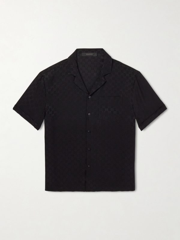 Slim-Fit Camp-Collar Logo-Jacquard Silk Shirt Slim-Fit Camp-Collar Logo-Jacquard Silk Shirt