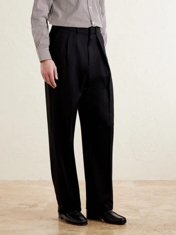 Straight-Leg Pleated Striped Grain de Poudre Wool Trousers - FR