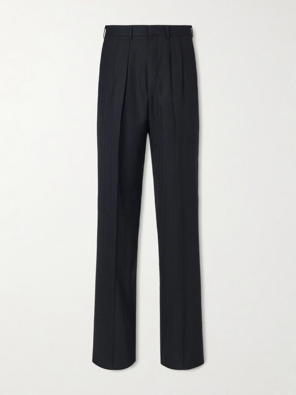 Straight-Leg Pleated Striped Grain de Poudre Wool Trousers
