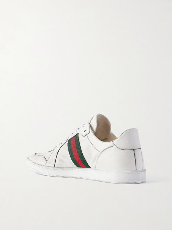 Distressed Webbing-Trimmed Leather Sneakers - BK Distressed Webbing-Trimmed Leather Sneakers - BK