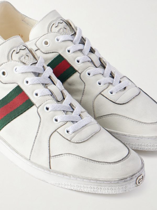 Distressed Webbing-Trimmed Leather Sneakers - CU Distressed Webbing-Trimmed Leather Sneakers - CU