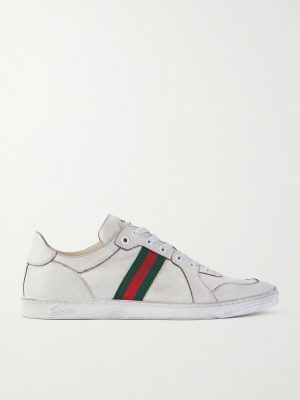 Distressed Webbing-Trimmed Leather Sneakers Distressed Webbing-Trimmed Leather Sneakers