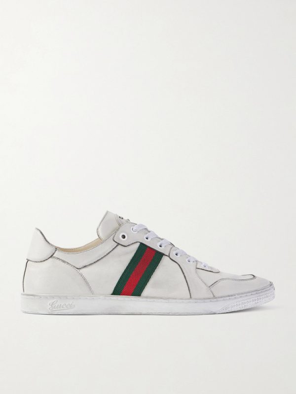 Distressed Webbing-Trimmed Leather Sneakers Distressed Webbing-Trimmed Leather Sneakers