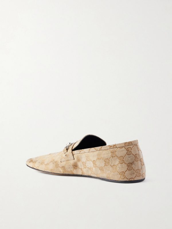 Horsebit-Embellished Distressed Monogrammed Canvas Loafers - BK