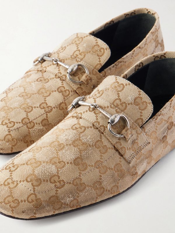 Horsebit-Embellished Distressed Monogrammed Canvas Loafers - CU