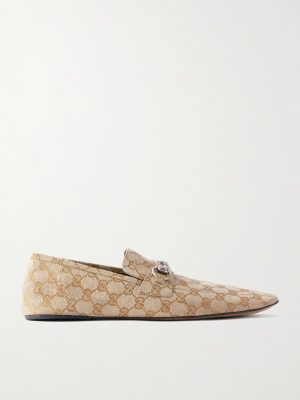 Horsebit-Embellished Distressed Monogrammed Canvas Loafers