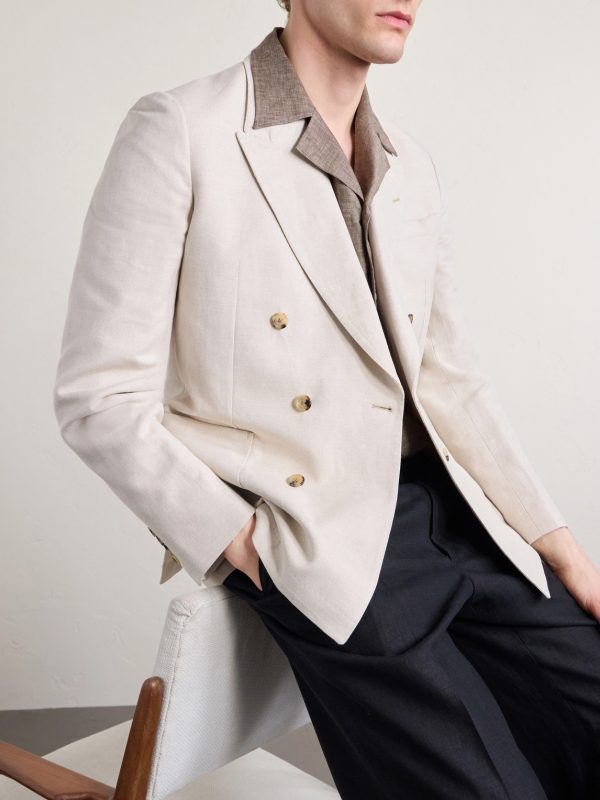 Double-Breasted Linen and Cotton-Blend Blazer - CU Double-Breasted Linen and Cotton-Blend Blazer - CU