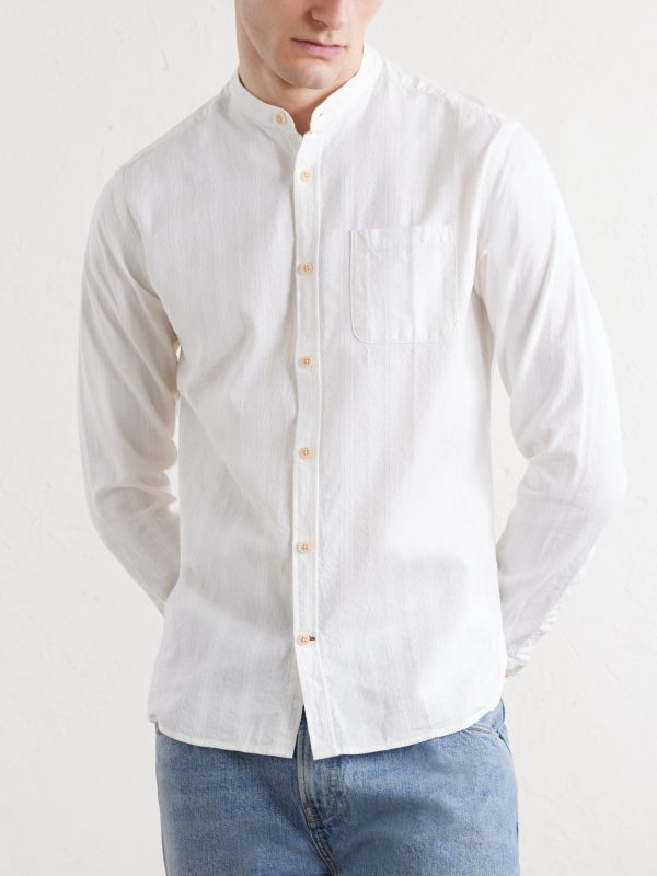 Grandad-Collar Striped Cotton Shirt - FR