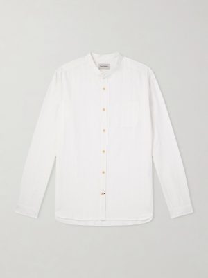 Grandad-Collar Striped Cotton Shirt