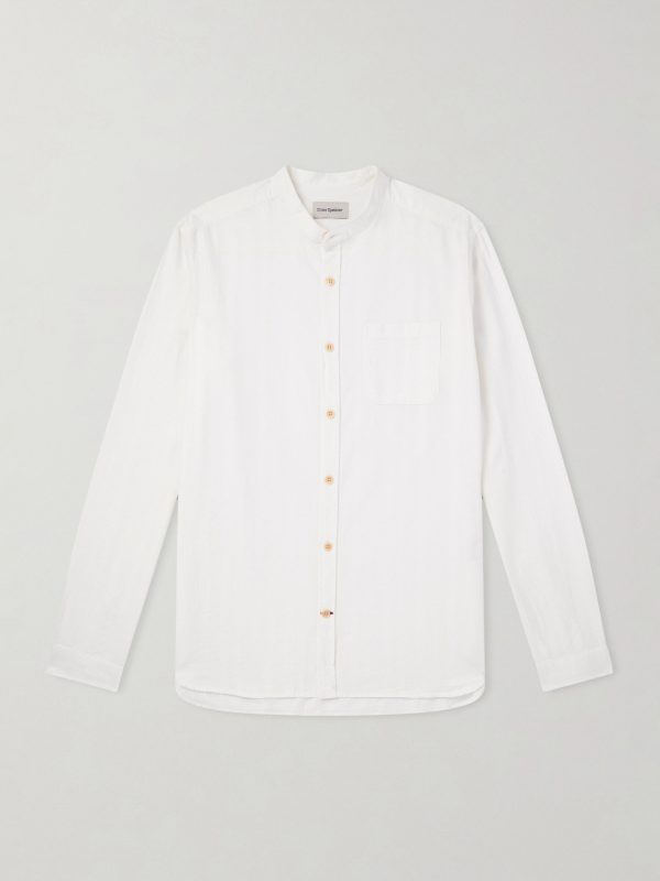 Grandad-Collar Striped Cotton Shirt