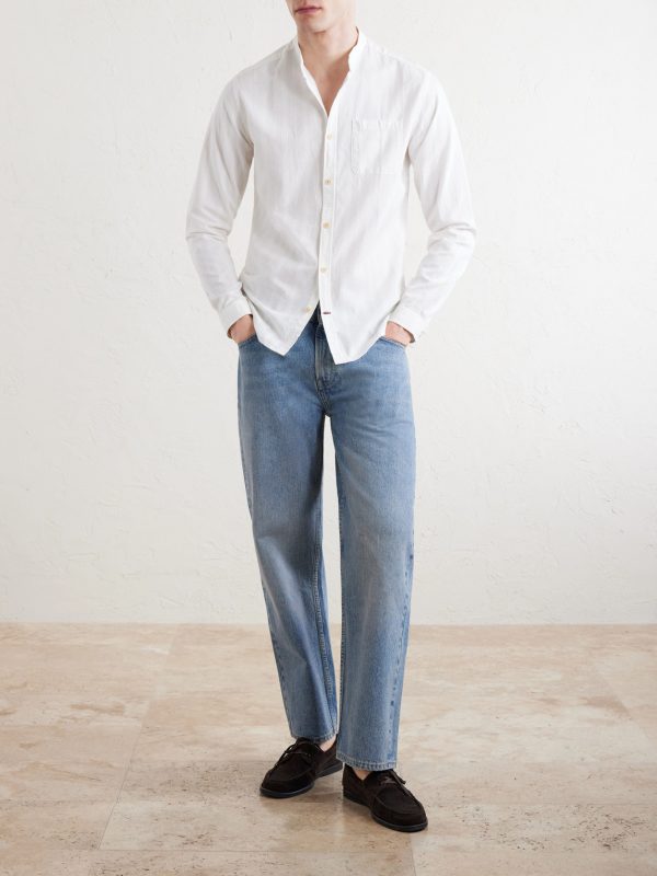 Grandad-Collar Striped Cotton Shirt - OU