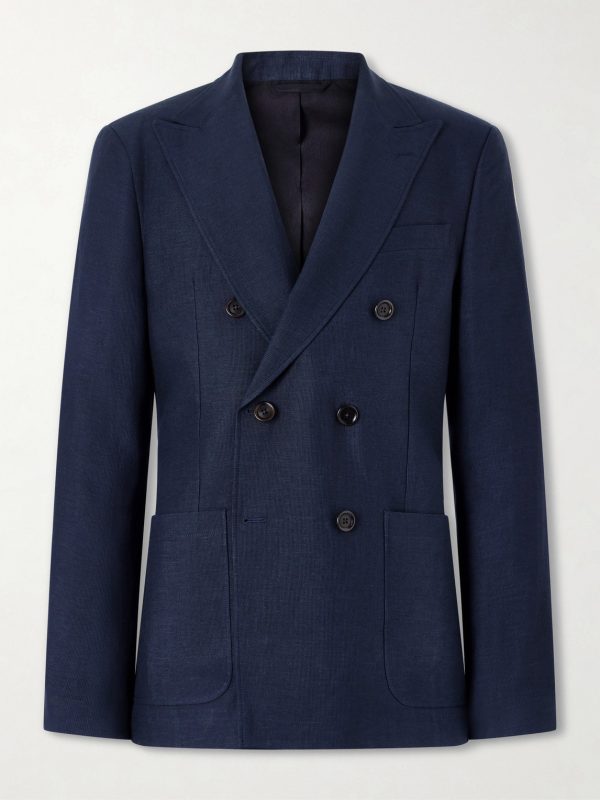 Double-Breasted Linen, Virgin Wool and Cotton-Blend Suit Jacket