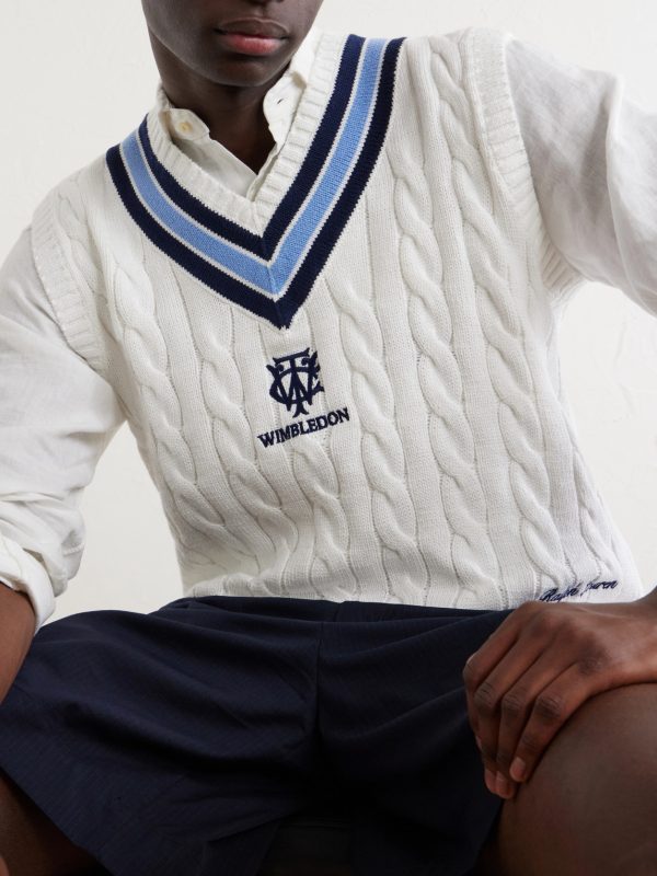 + Wimbledon Logo-Embroidered Cable-Knit Cotton Sweater Vest - CU
