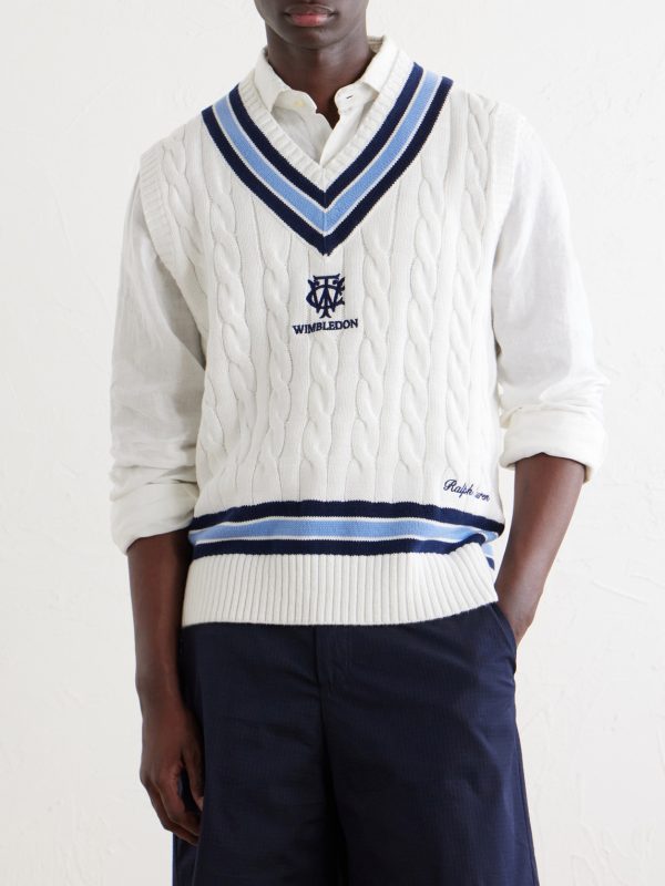 + Wimbledon Logo-Embroidered Cable-Knit Cotton Sweater Vest - FR