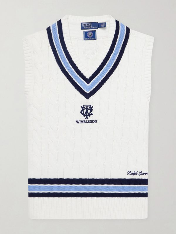 + Wimbledon Logo-Embroidered Cable-Knit Cotton Sweater Vest