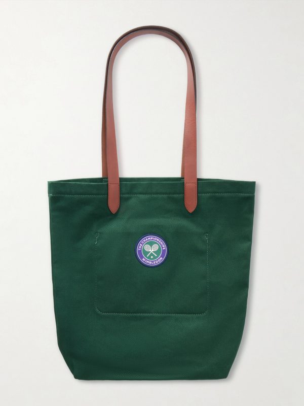 + Wimbledon Embroidered Leather-Trim Medium Cotton Tote Bag - BK + Wimbledon Embroidered Leather-Trim Medium Cotton Tote Bag - BK